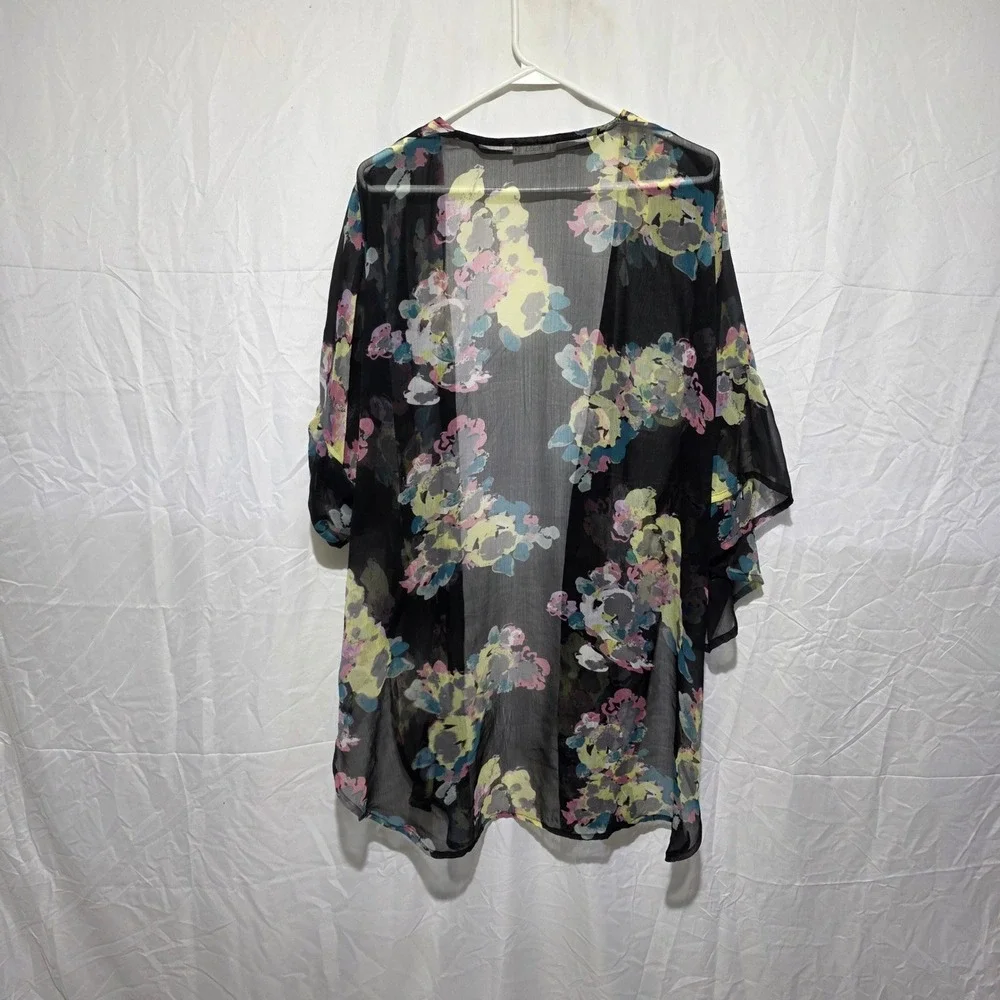 Mudd Floral Kimono Wrap Sheer Chiffon Ruffle Sleeve Black Multi Color Boho Layer